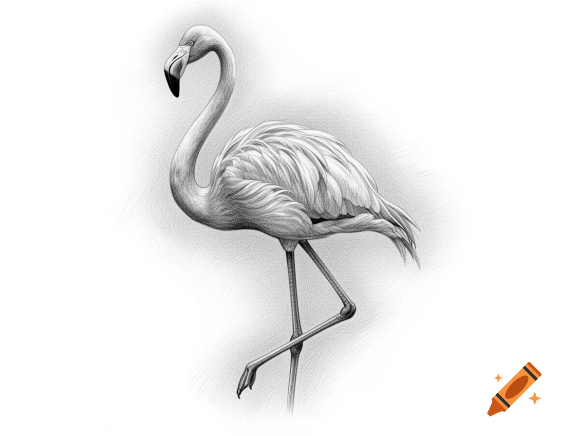 A detailed black and white pencil sketch of a flamingo standing on one leg, looking to the left.