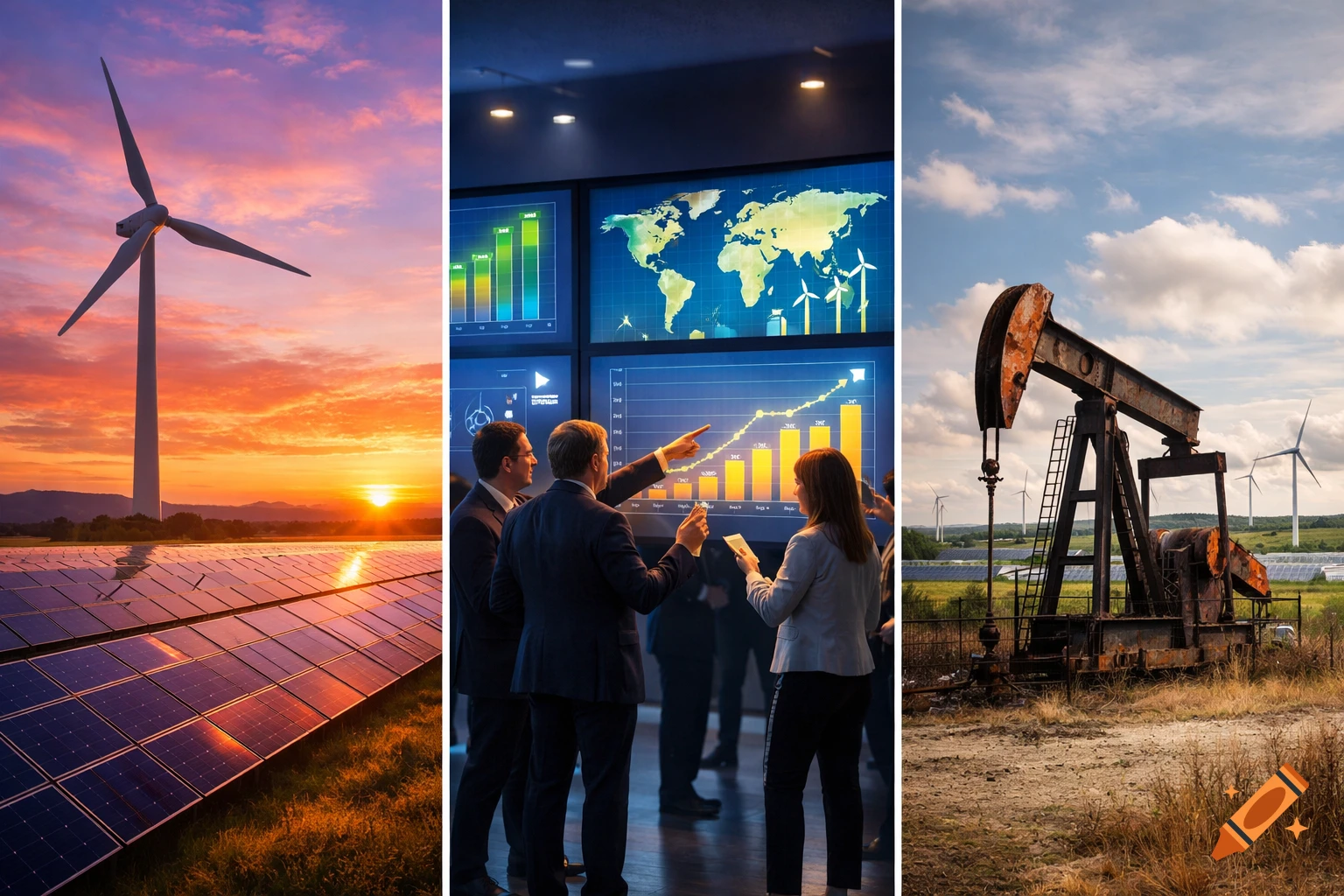 A triptych showing a wind turbine and solar panels at sunset, businesspeople viewing energy data on screens, and an oil rig with wind turbines in the background.