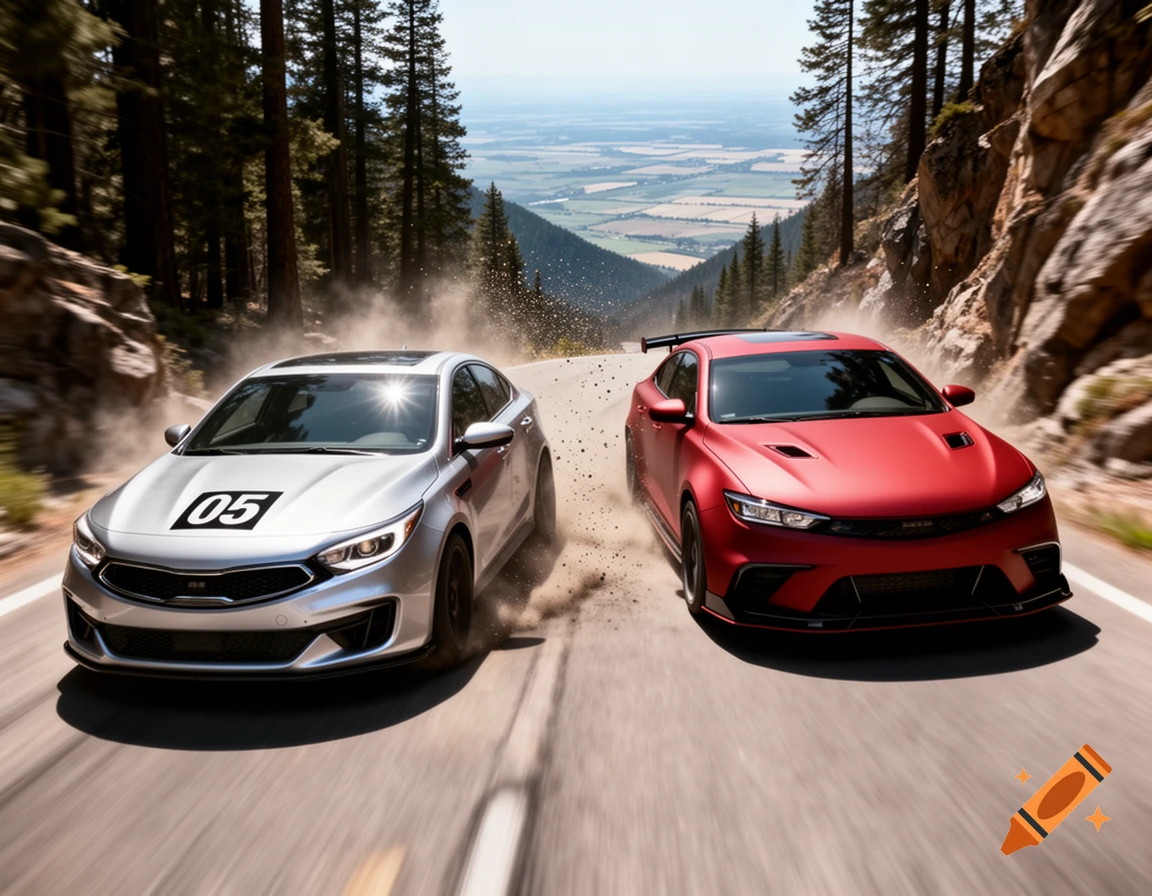 Two silver and red sedans race down a winding mountain road, kicking up dust with a scenic valley in the background.