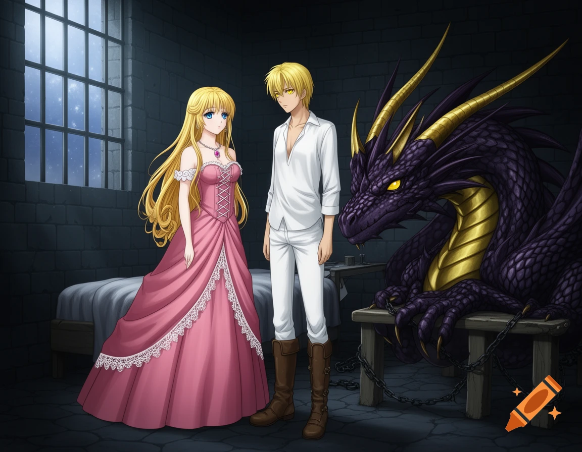An anime-style image of a blonde princess in a pink gown and a blonde knight in white standing in a dungeon, looking at a chained dark purple and gold dragon. A bed and table are also in the dungeon.