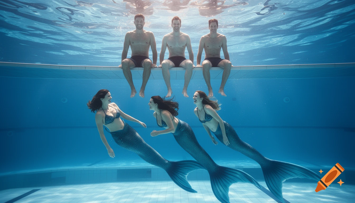 Three men sit on a pool edge with their legs in the water, watching three mermaids swim gracefully below them in a clear blue pool.