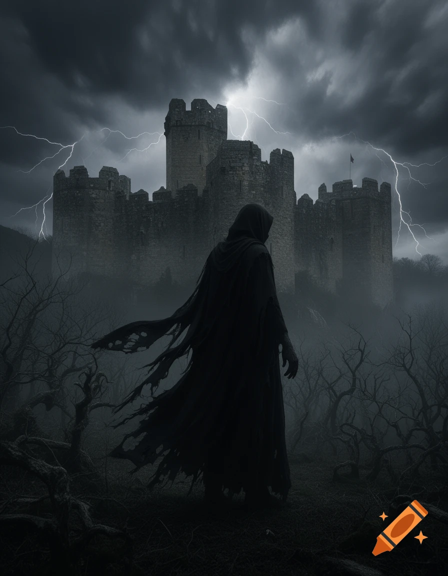 A dark hooded figure faces a gothic castle under a stormy, lightning ...