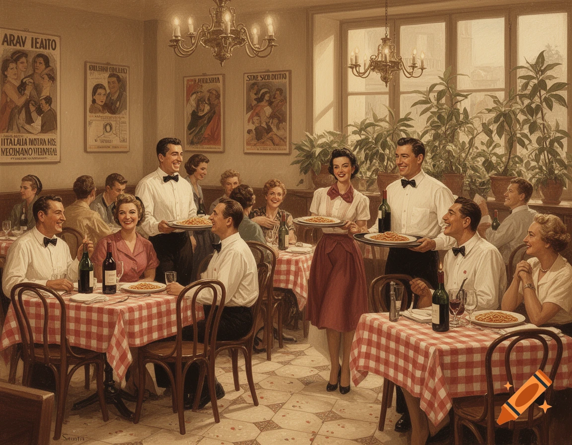Painting of a lively 1950s Italian restaurant scene with diners enjoying pasta and waiters serving tables.