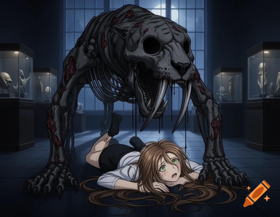 An anime skeletal sabretooth tiger with bloodstains looms over a terrified woman on a dark museum floor.