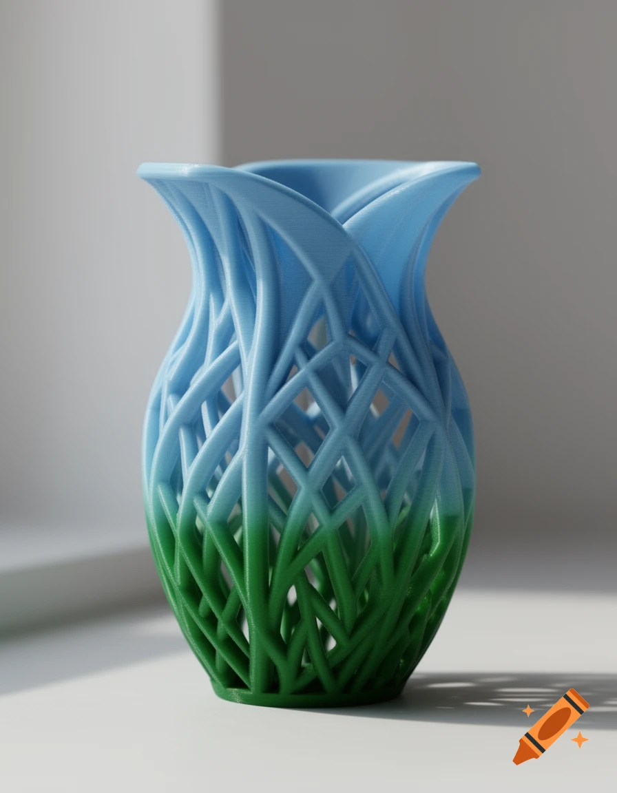 A stylized 3D printed vase with an intricate lattice design, transitioning from green at the base to light blue at the top.