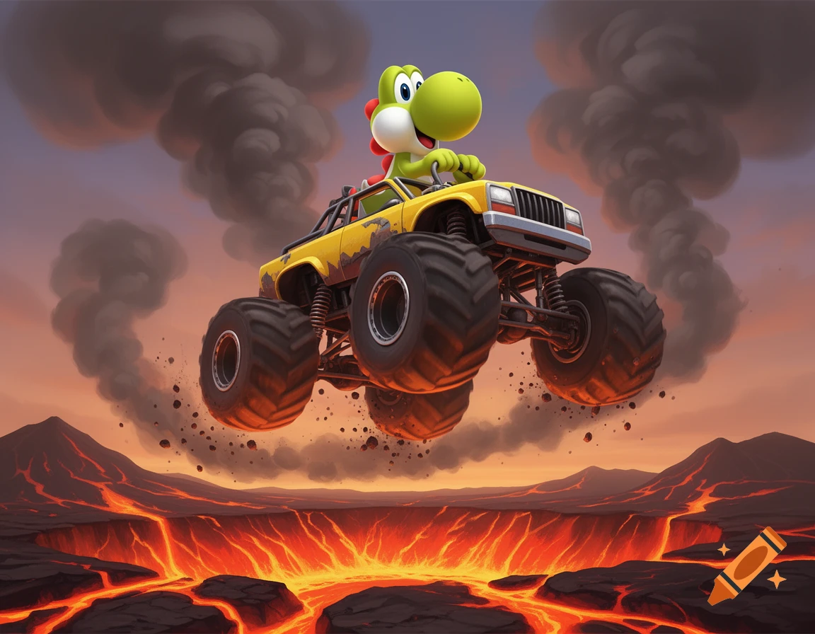 A green Yoshi in a yellow monster truck jumps high over a volcanic landscape with flowing lava and smoke.