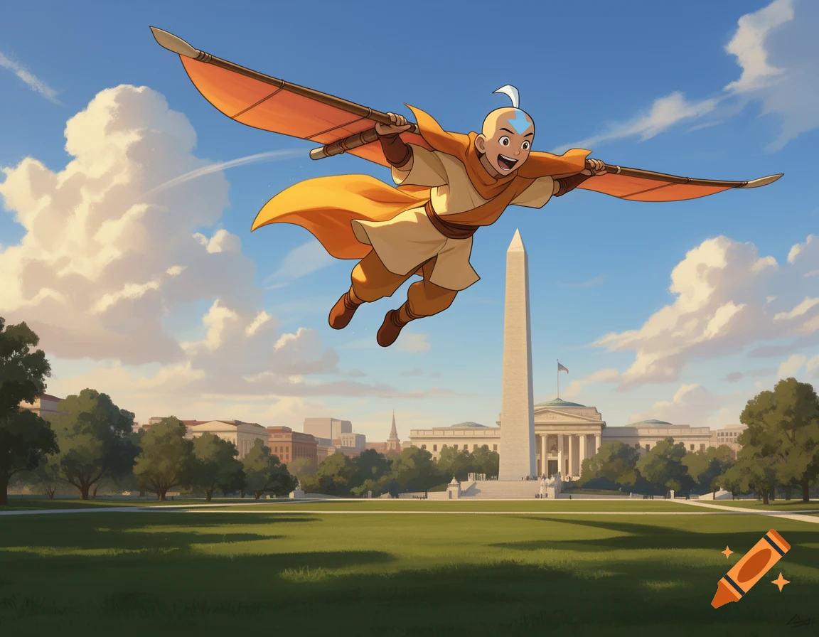 Aang from Avatar: The Last Airbender flies happily with his glider over the Washington Monument and National Mall.
