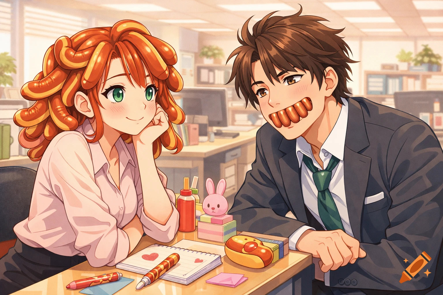 An anime woman with hot dog hair and a man with hot dog teeth smile at each other across an office desk.