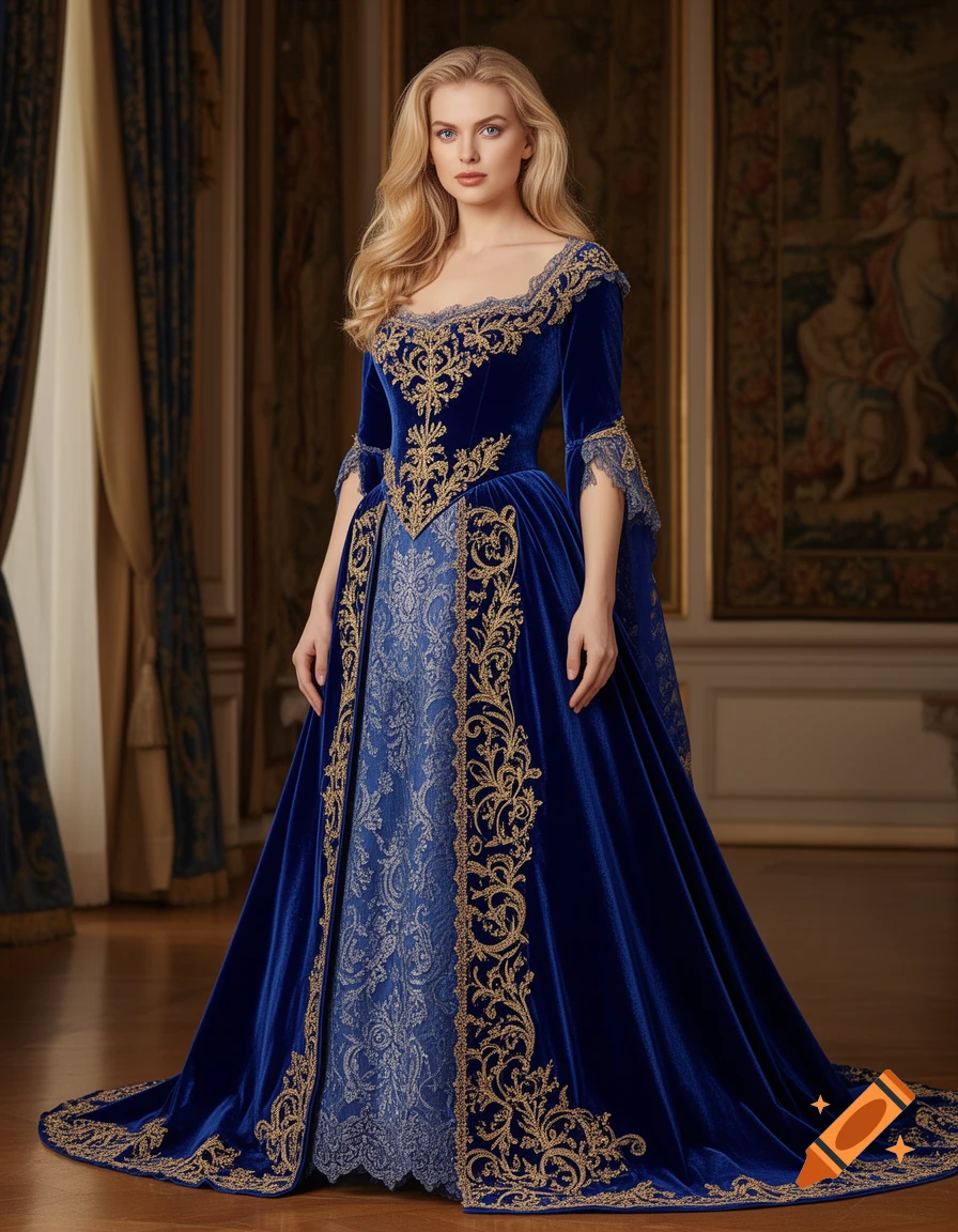 A blonde woman in a stunning blue velvet royal gown with gold embroidery stands in a grand hall.