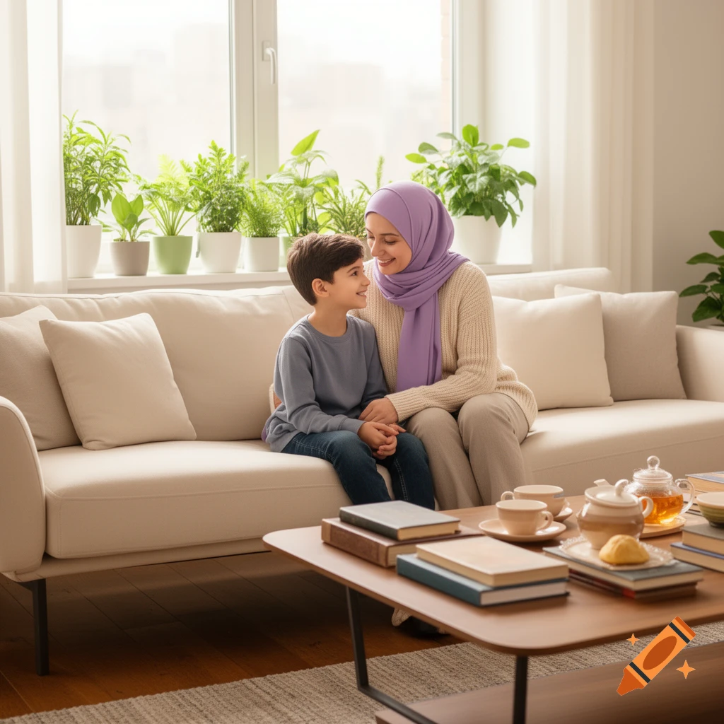A woman in a purple hijab and a young boy smiling at each other on a sofa in a bright living room, photorealistic.