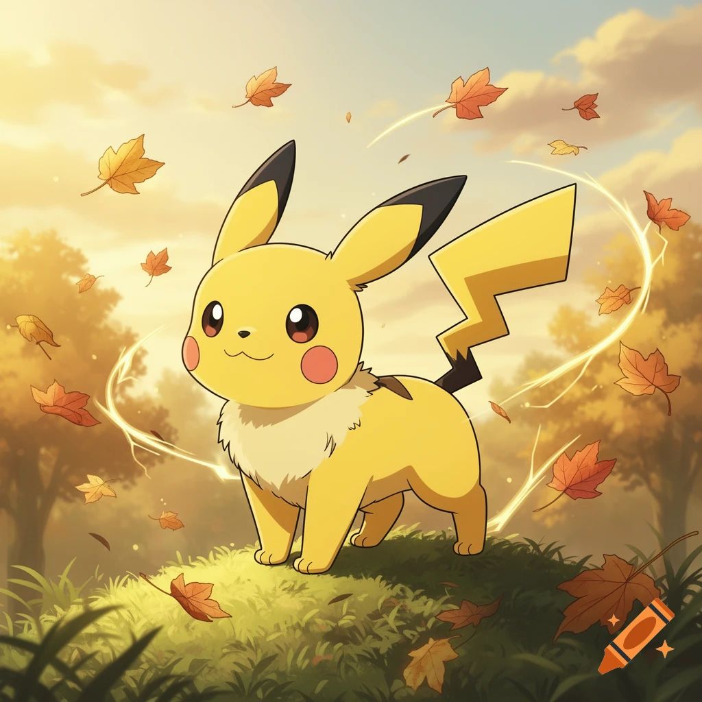 A cute, yellow Pikachu-like creature with red cheeks stands on a grassy hill with falling autumn leaves, in a warm, sunny cartoon style.