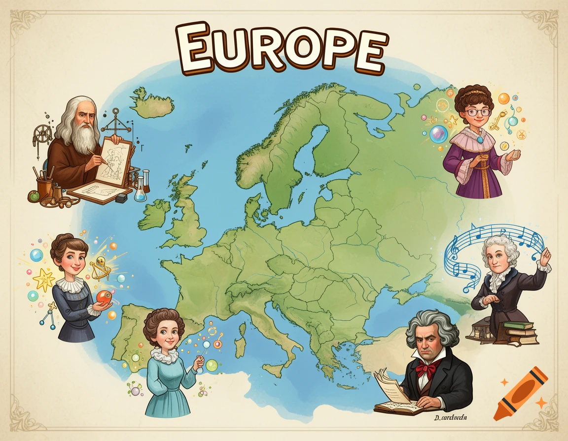 A colorful cartoon map of Europe with 'EUROPE' at the top, surrounded by illustrations of historical figures like Leonardo da Vinci.