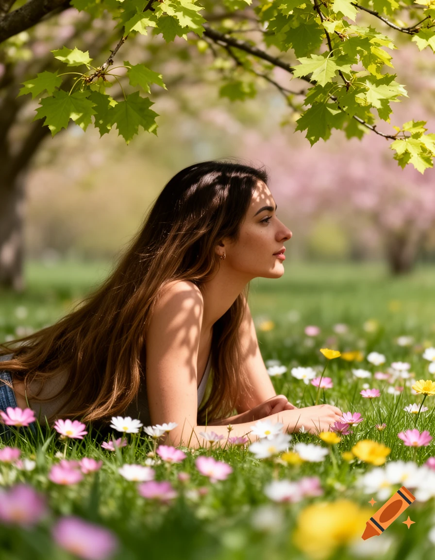A woman with long brown hair lies in a field of colorful wildflowers ...