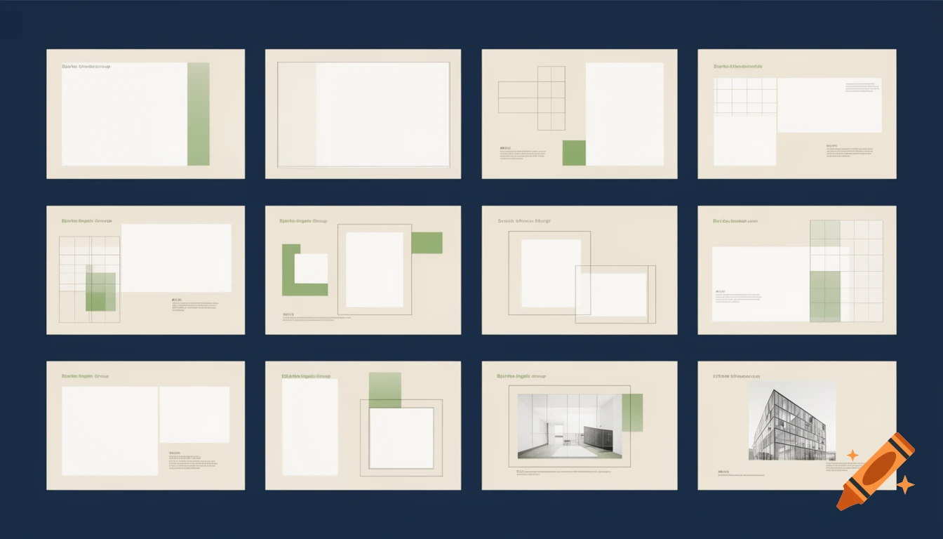 A grid of twelve presentation slides featuring minimalist, abstract layouts with geometric shapes, green accents, and beige tones on a dark blue background. Some slides include placeholder images of modern architecture.