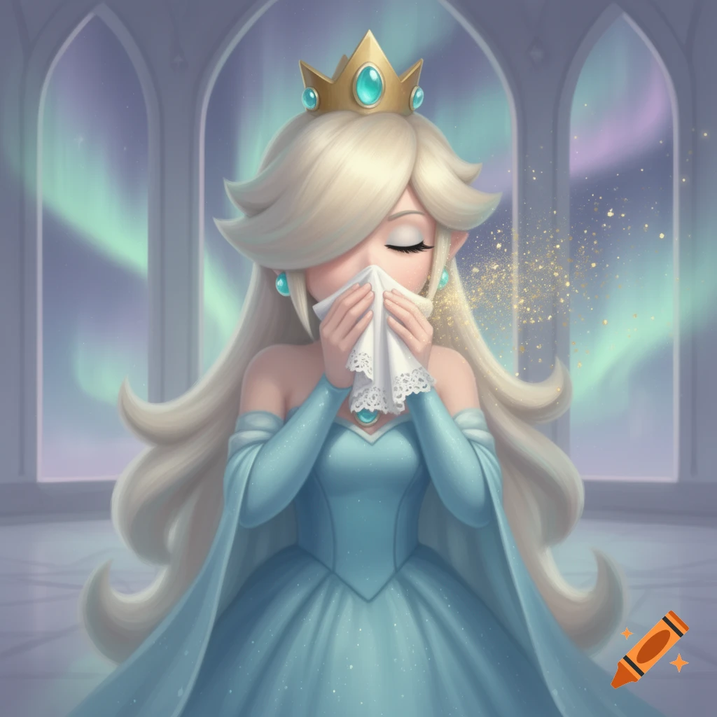 Princess Rosalina sneezes into a white tissue, golden sparkles around her, in a grand hall with aurora borealis visible through arched windows, digital art.