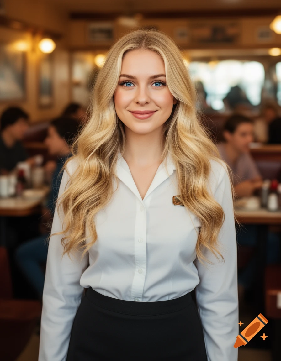 Photorealistic portrait of a blonde waitress with blue eyes smiling in a diner setting.