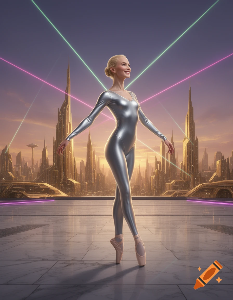 Smiling blonde ballerina in a silver catsuit on pointe, posing in a futuristic city with neon lasers.