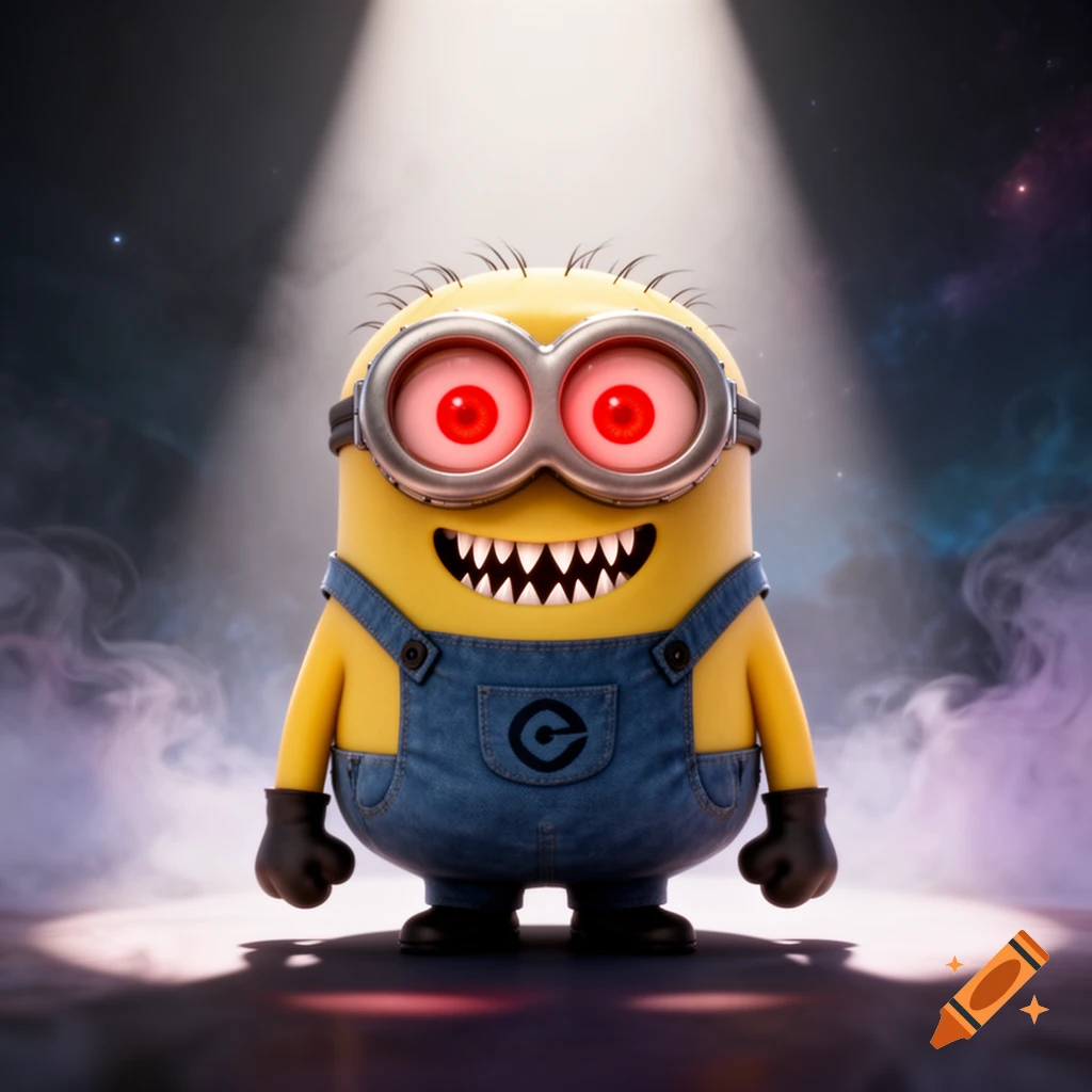 A menacing Minion character with glowing red eyes and sharp teeth, wearing blue overalls, stands in a spotlight amidst smoke.