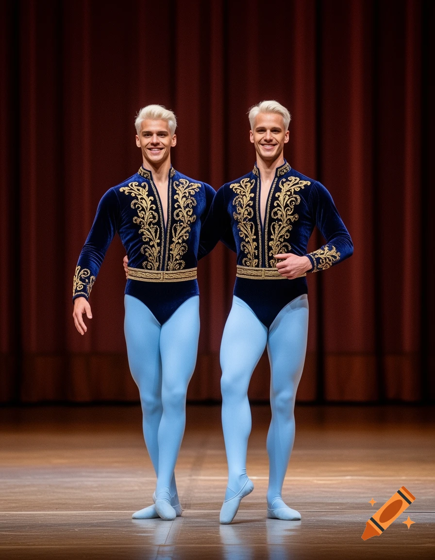 Two smiling male ballet dancers in ornate blue velvet costumes and light blue tights pose on a stage.