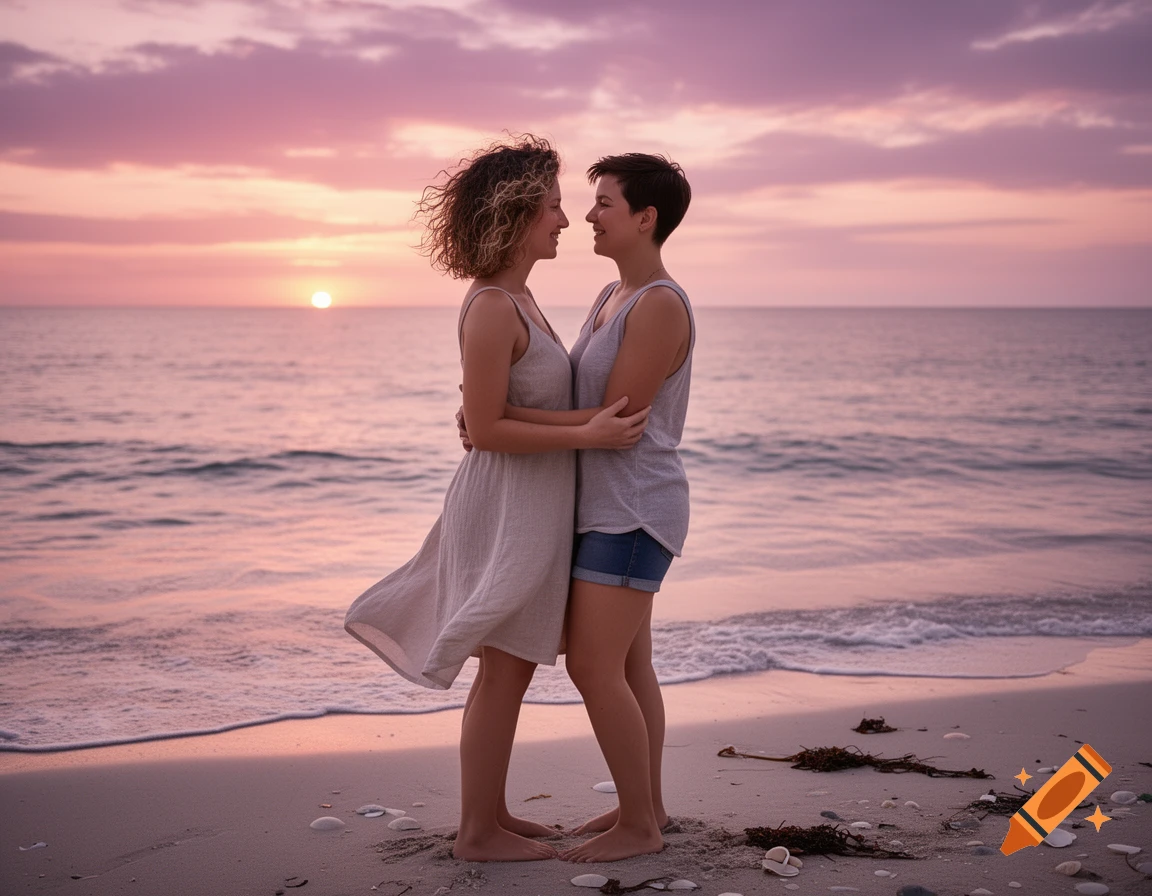 Two women embrace on a beach during a vibrant sunset, with gentle waves and scattered seashells.