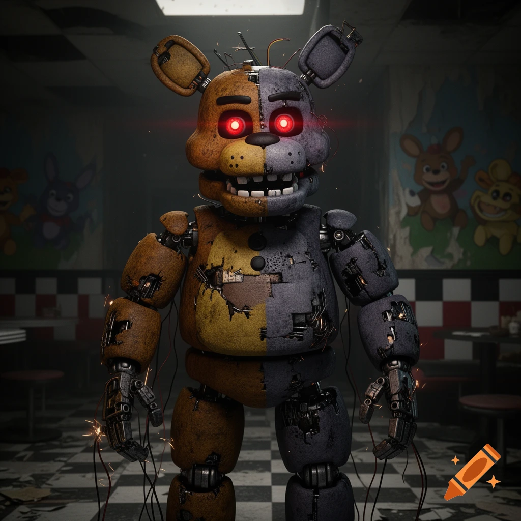 A damaged animatronic bear, half brown and half grey, with glowing red eyes and exposed wires, stands in a dilapidated pizzeria.