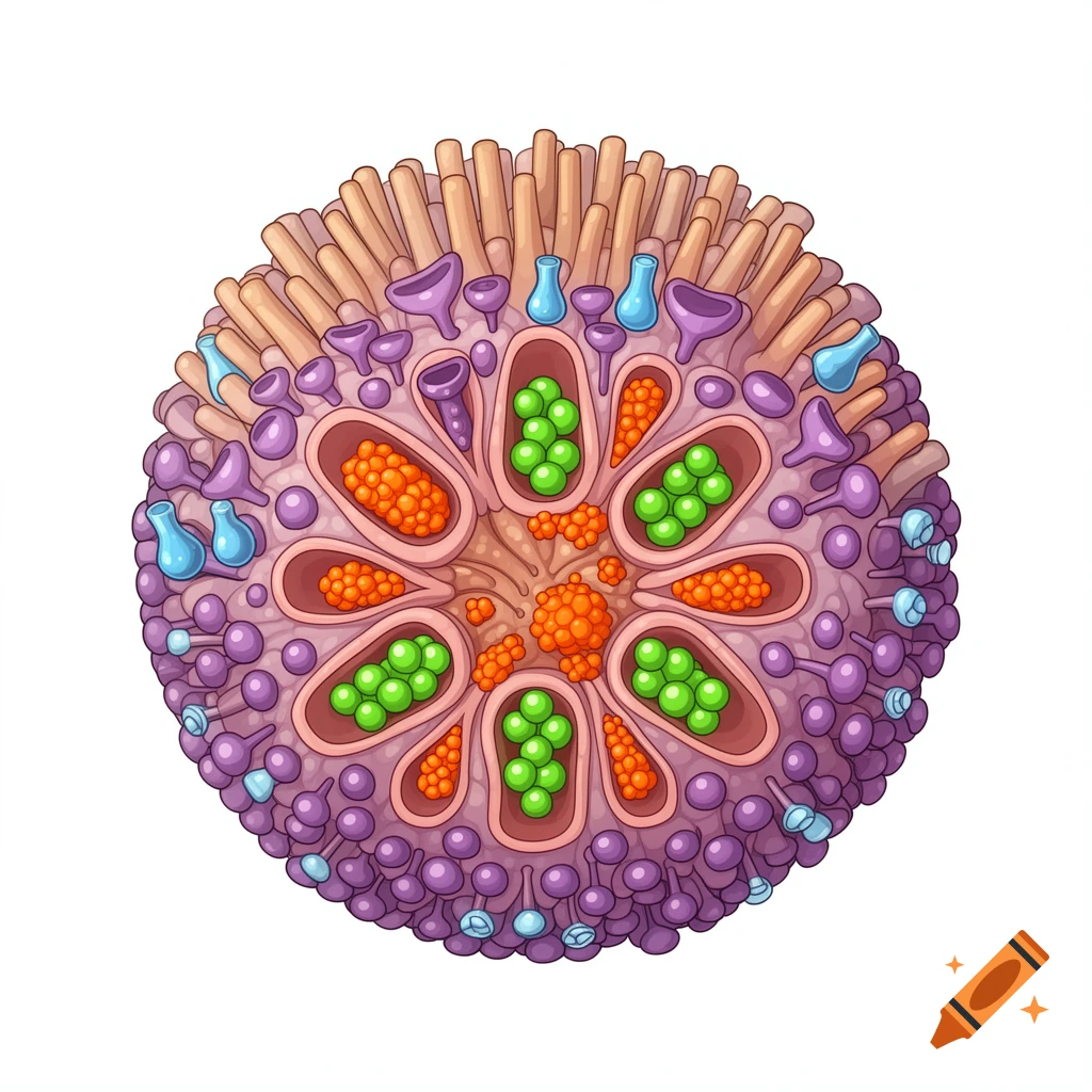 A colorful cartoon cross-section of a mouse small intestinal organoid, showing various cell types in a clean, flat vector style.