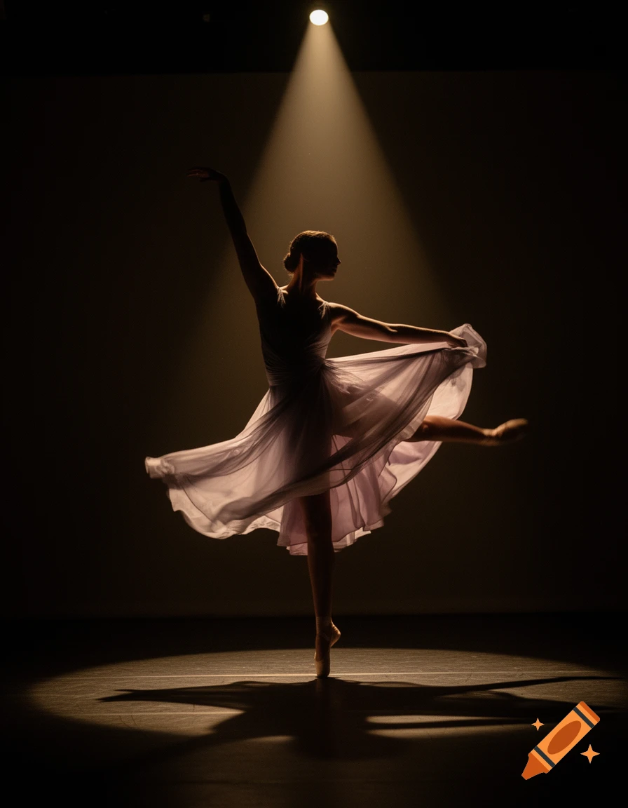 A graceful ballet dancer poses on stage, illuminated by a dramatic spotlight.
