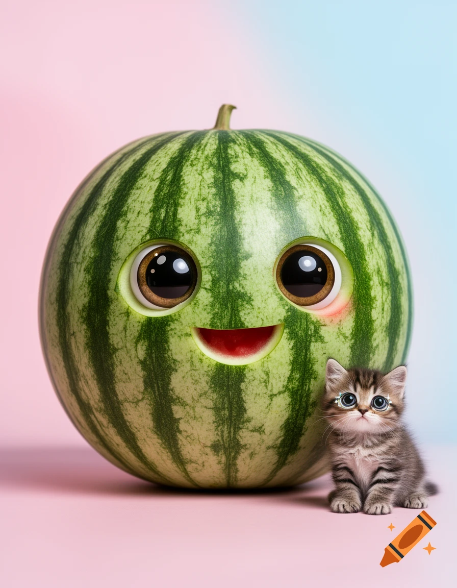 A cute, smiling watermelon with big round eyes stands next to a tiny tabby kitten with sparkling eyes on a pink and blue background.