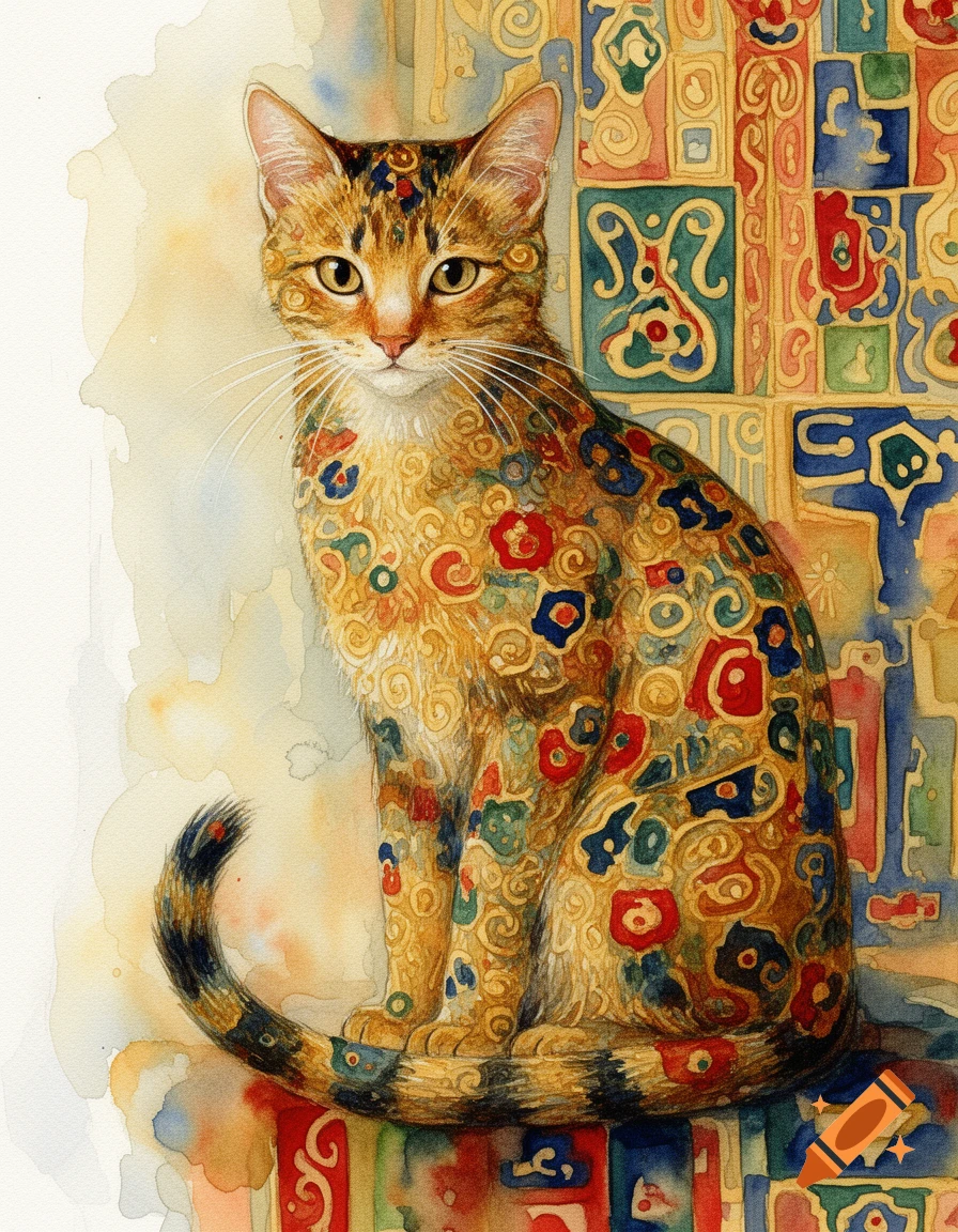 A watercolor cat with intricate gold, red, and blue Klimt-style patterns on its fur, sitting against a matching patterned background.