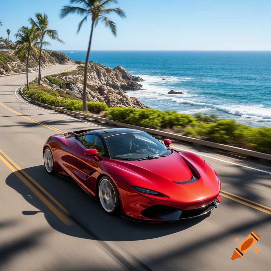 A bright red sports car drives along a winding coastal road next to a blue ocean under a clear sky.