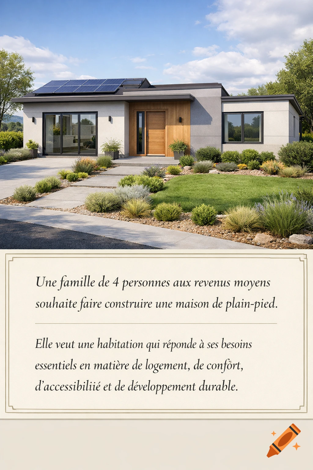 Modern single-story house with solar panels, a wooden front door, and a landscaped garden, with French text below.