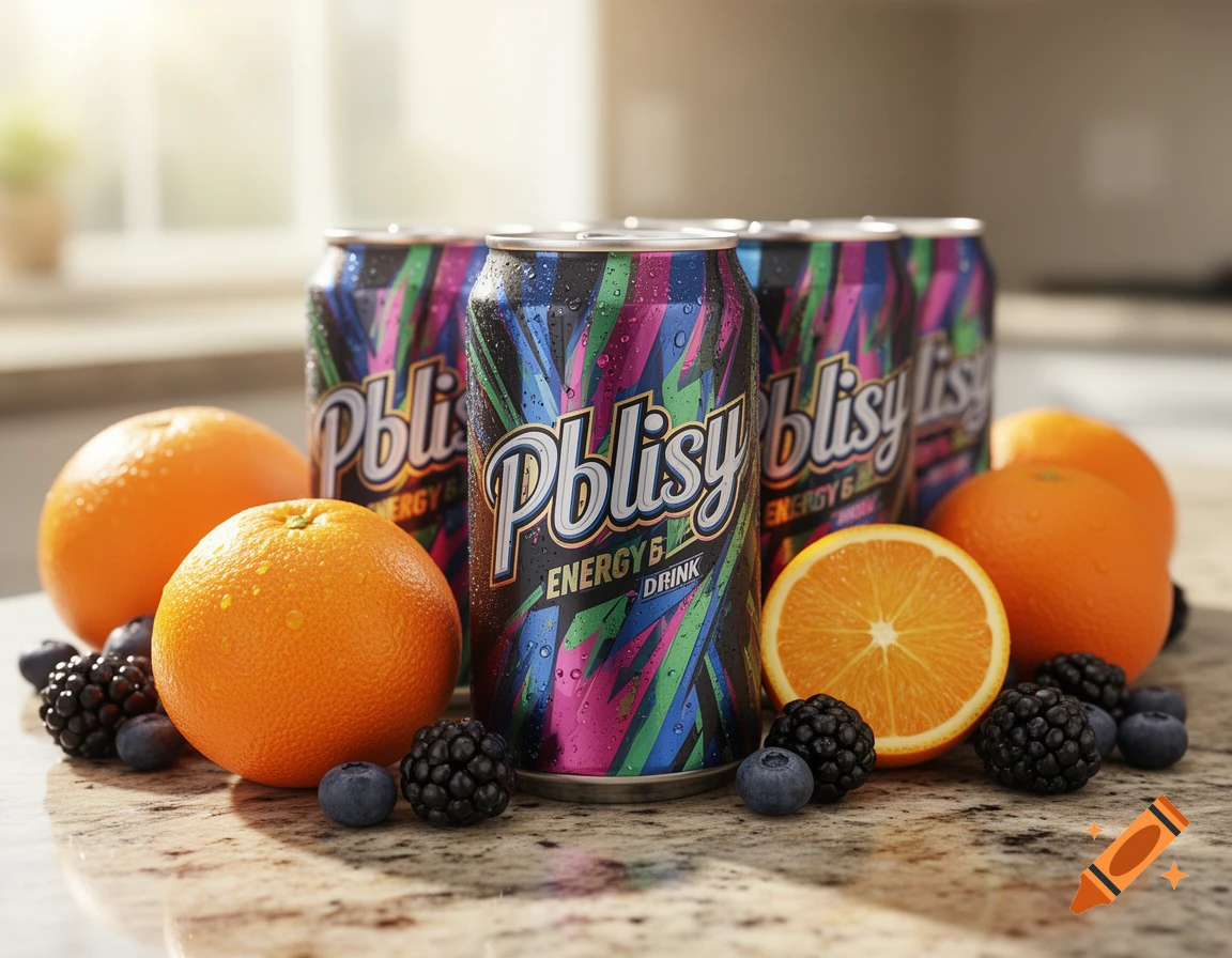 Photorealistic close-up of 'Pblisy' energy drink cans with oranges, blueberries, and blackberries on a kitchen counter.