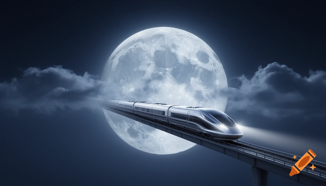 A futuristic silver train travels on an elevated track across a dark night sky with a huge full moon and clouds.