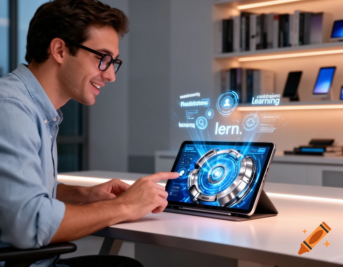 A man in glasses smiles while interacting with a tablet displaying a futuristic circular interface and holographic text related to learning and AI.