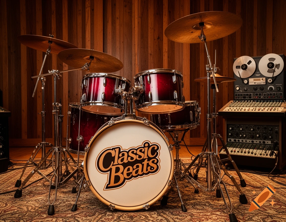 A photorealistic drum kit with red finishes and "Classic Beats" on the bass drum, set in a vintage recording studio with a reel-to-reel player.