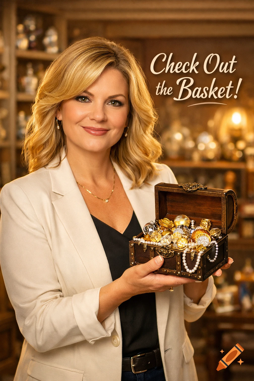 A smiling blonde woman in a white blazer holds an open treasure chest filled with gold coins, pearls, and jewelry in a dimly lit shop. Text reads "Check Out the Basket!"
