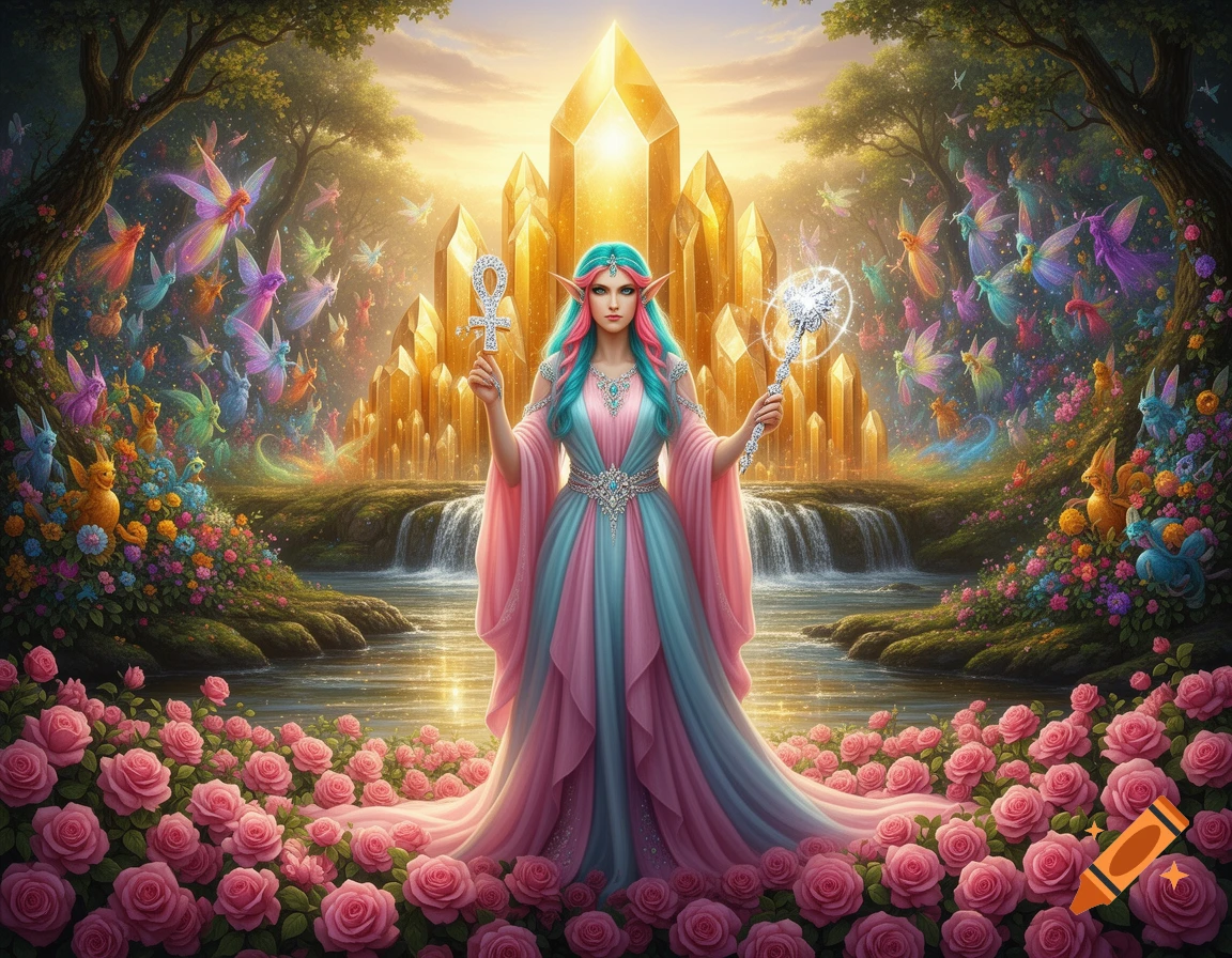 An elf priestess in a pink and blue gown holds an ankh and staff before a golden crystal temple, waterfalls, roses, and flying fairies in a magical forest.