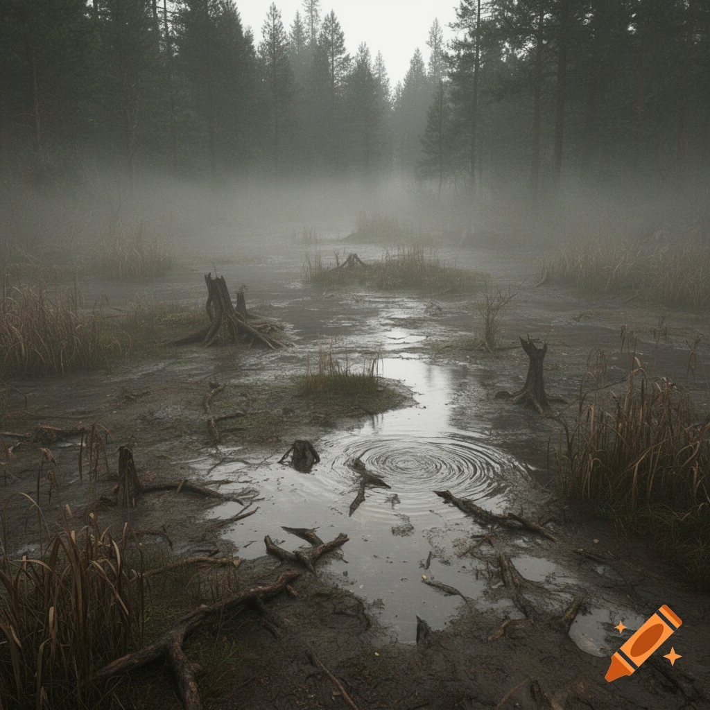 A misty, muddy quagmire with murky water, exposed tree roots, and tall grasses under a dense forest canopy.