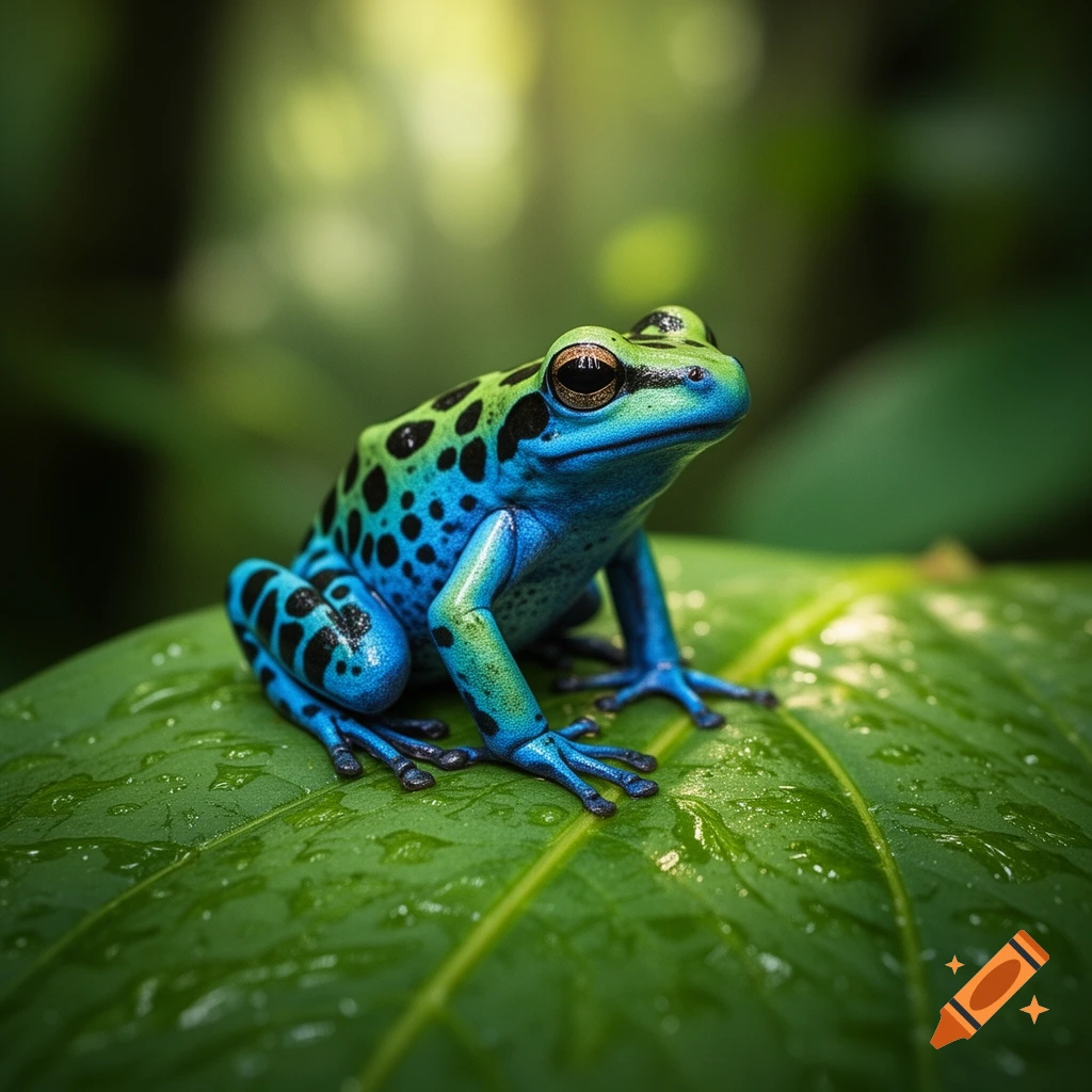 A vibrant blue and green poison dart frog with black spots sits on a wet green leaf, in a photorealistic style.