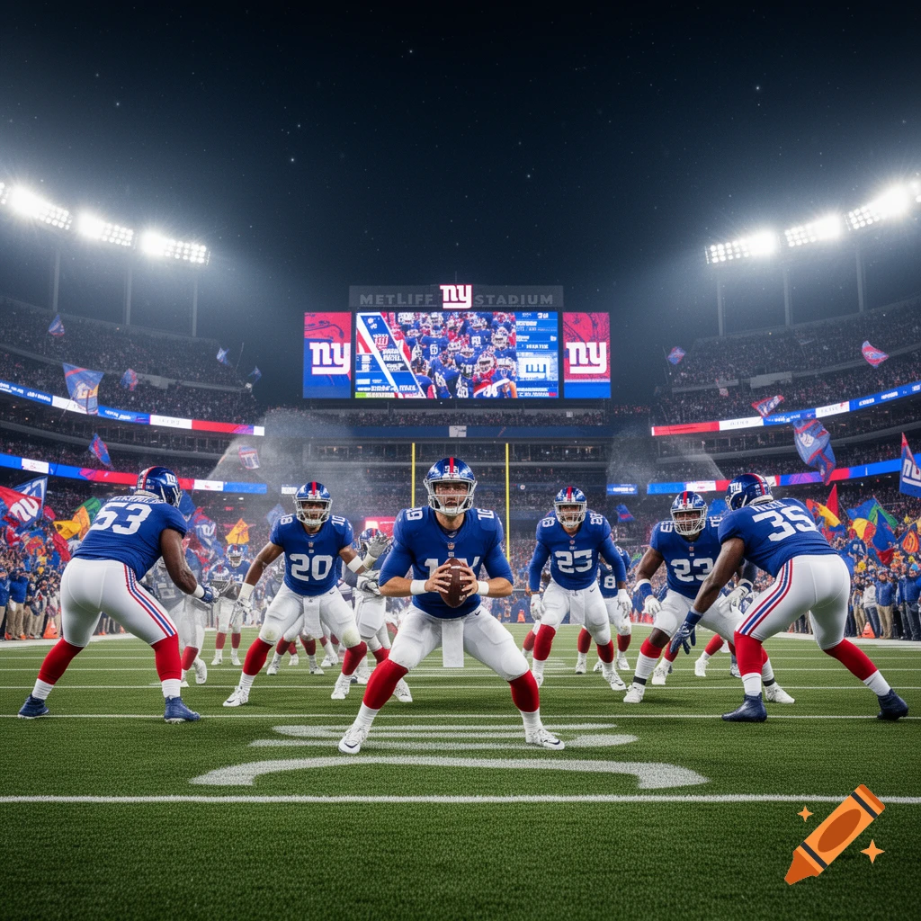 A night view of a football stadium with New York Giants players on the field under bright lights and a large scoreboard.