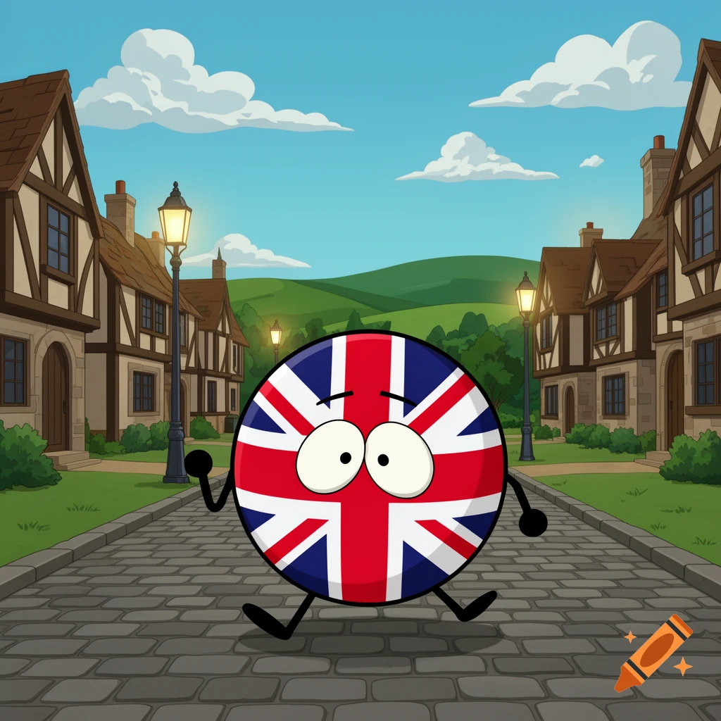 A cartoon United Kingdom countryball character with big eyes walks down a cobblestone street lined with houses under a blue sky.