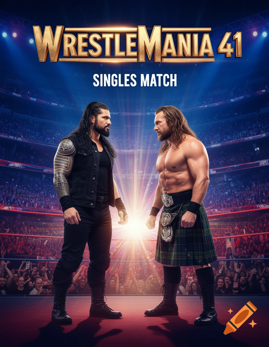 Photorealistic poster for Wrestlemania 41 featuring Roman Reigns and Drew McIntyre facing each other in a wrestling arena.