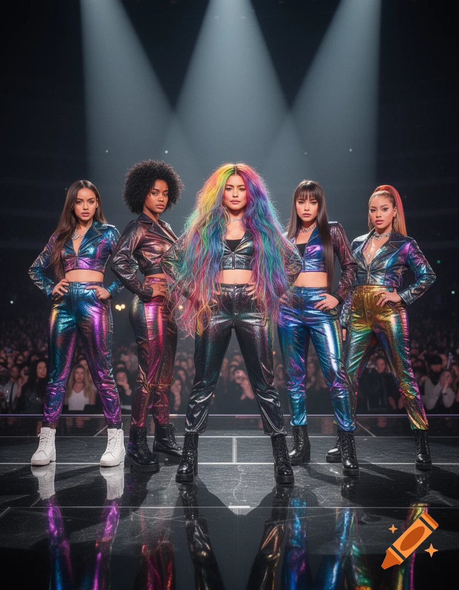 Five women, a girl group, pose on a dark stage under spotlights. The central woman has long, flowing rainbow hair, while all wear iridescent, metallic outfits.