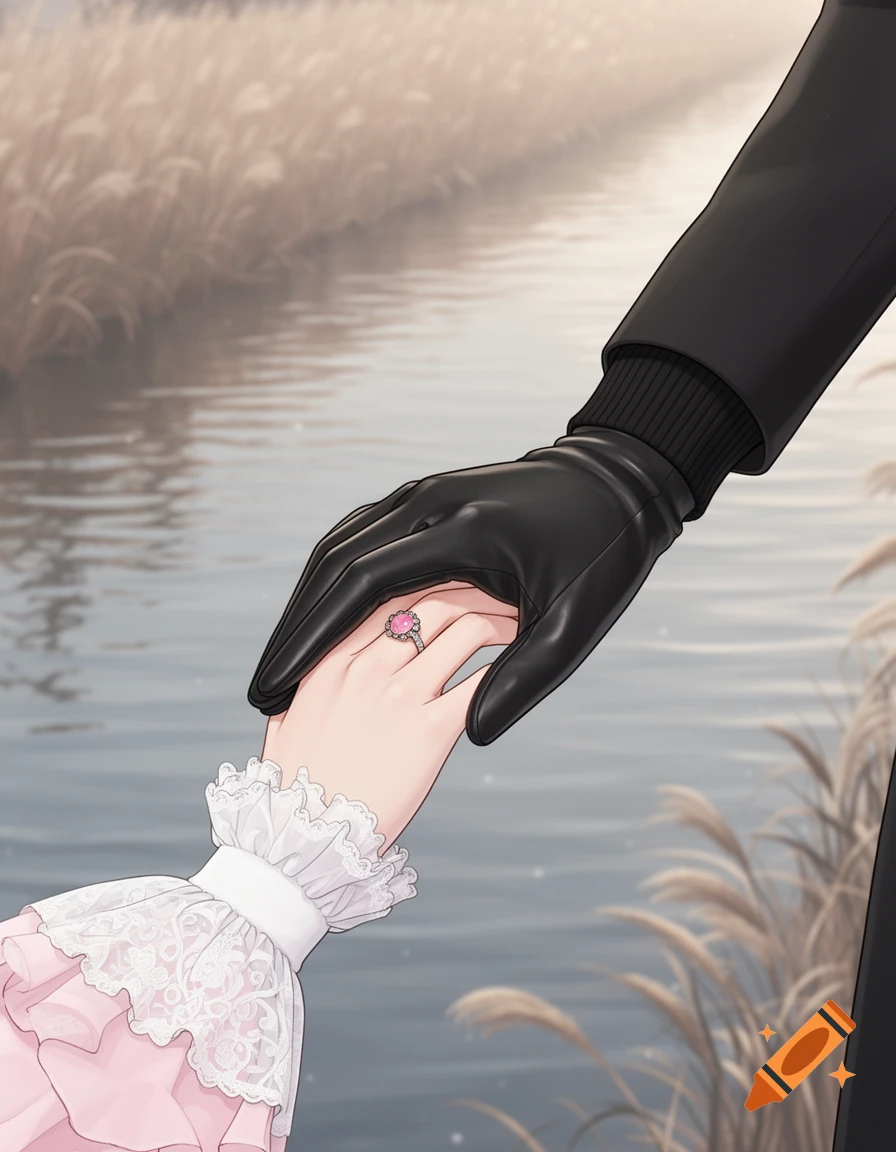 An anime illustration of a gloved hand gently holding an ungloved hand with a pink ring, set against a serene riverside background.