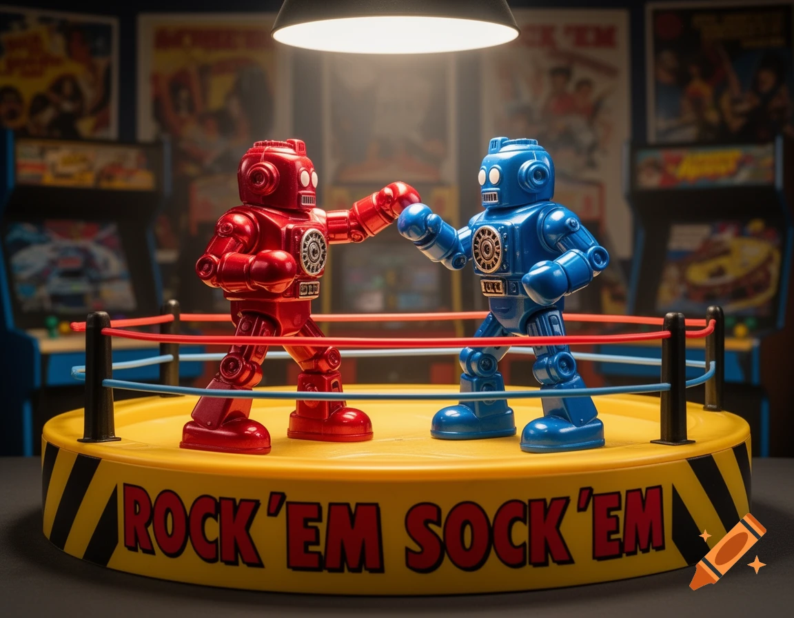 A red and a blue Rock 'Em Sock 'Em robot box in a ring with the game's name on the base, set in an arcade.