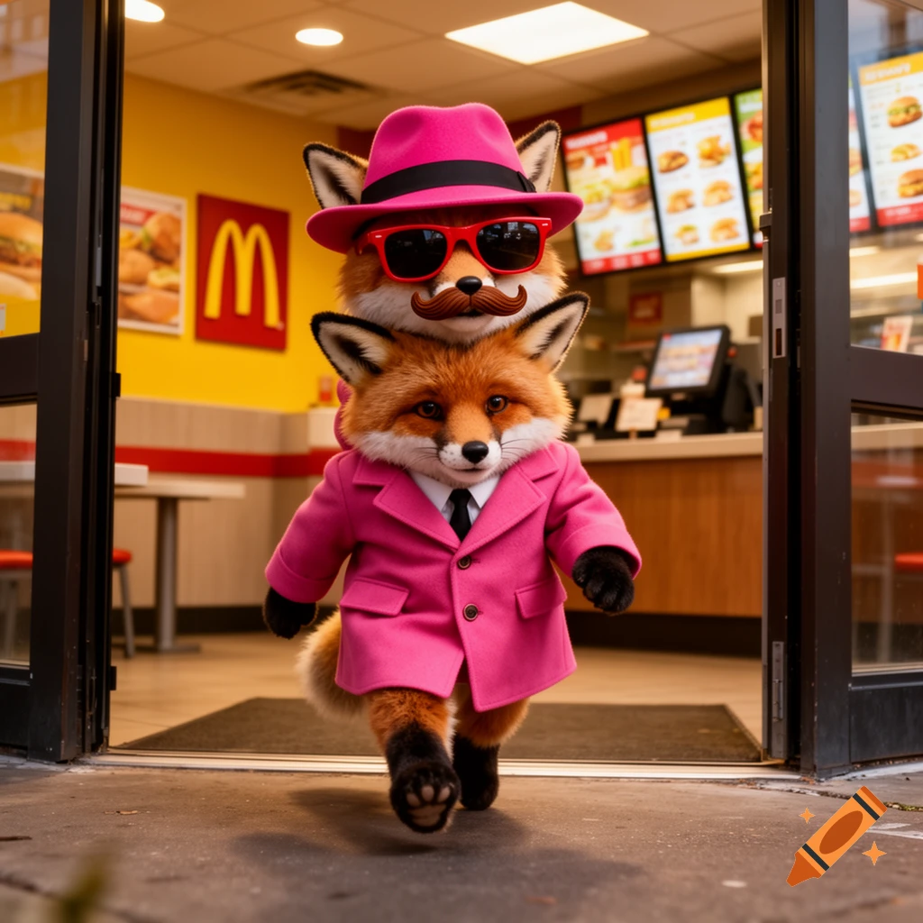 Two plush-like foxes, one on top of the other, wearing pink suits, fedora, sunglasses, and a mustache, walk out of a McDonald's restaurant.