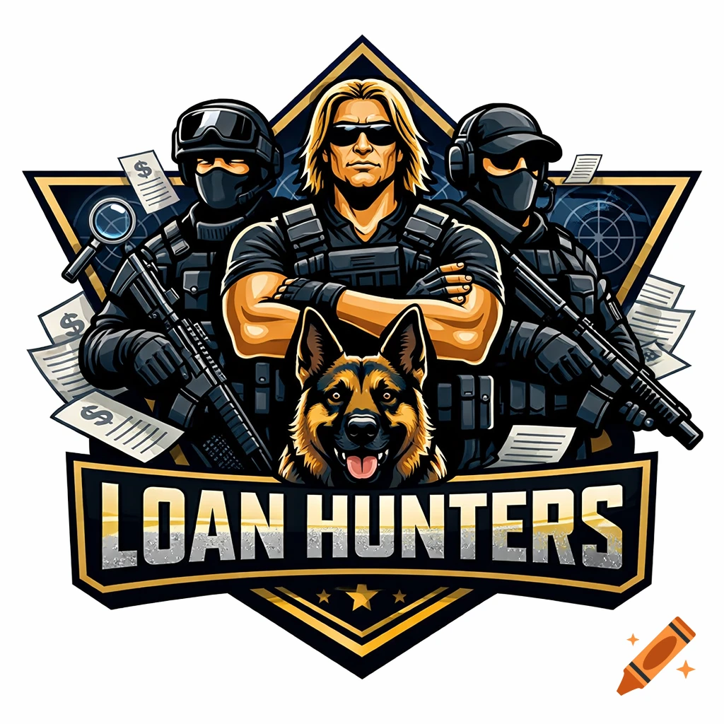 Logo for 'Loan Hunters' with a blond man, two tactical agents, a German Shepherd dog, and text 'LOAN HUNTERS'.