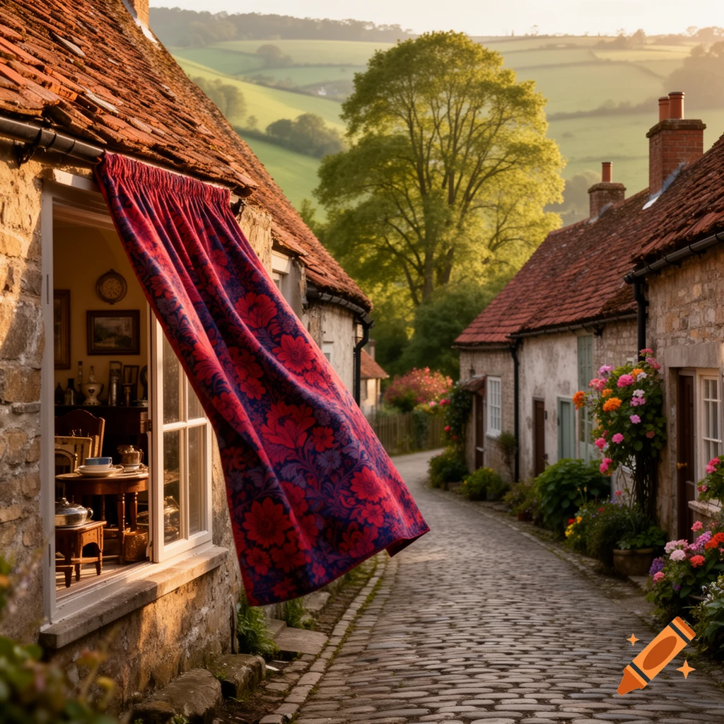 Picturesque village street with old stone houses, a cobblestone path, a red floral curtain blowing from a window, and green hills.