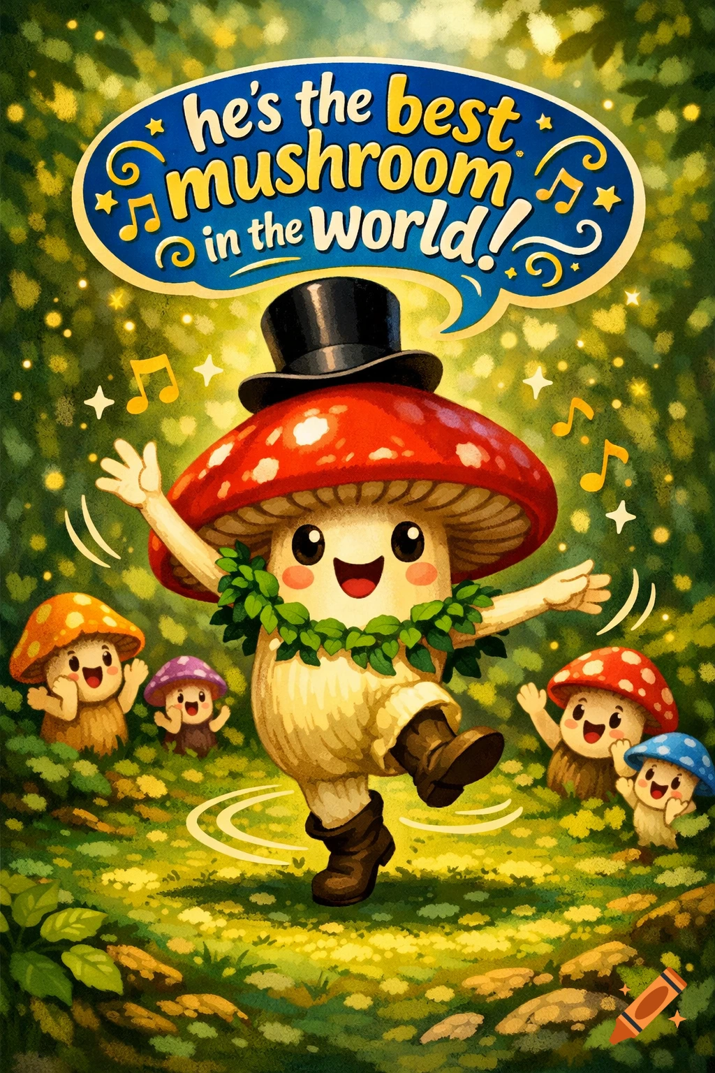 A happy cartoon mushroom in a top hat and leaf garland dances in a forest, surrounded by smaller mushrooms. A speech bubble reads 'he's the best mushroom in the world!'