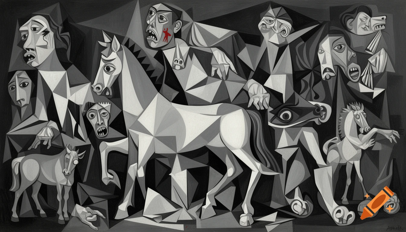 Black and white cubist painting featuring distorted, anguished figures and horses in a chaotic scene, reminiscent of Picasso's Guernica.